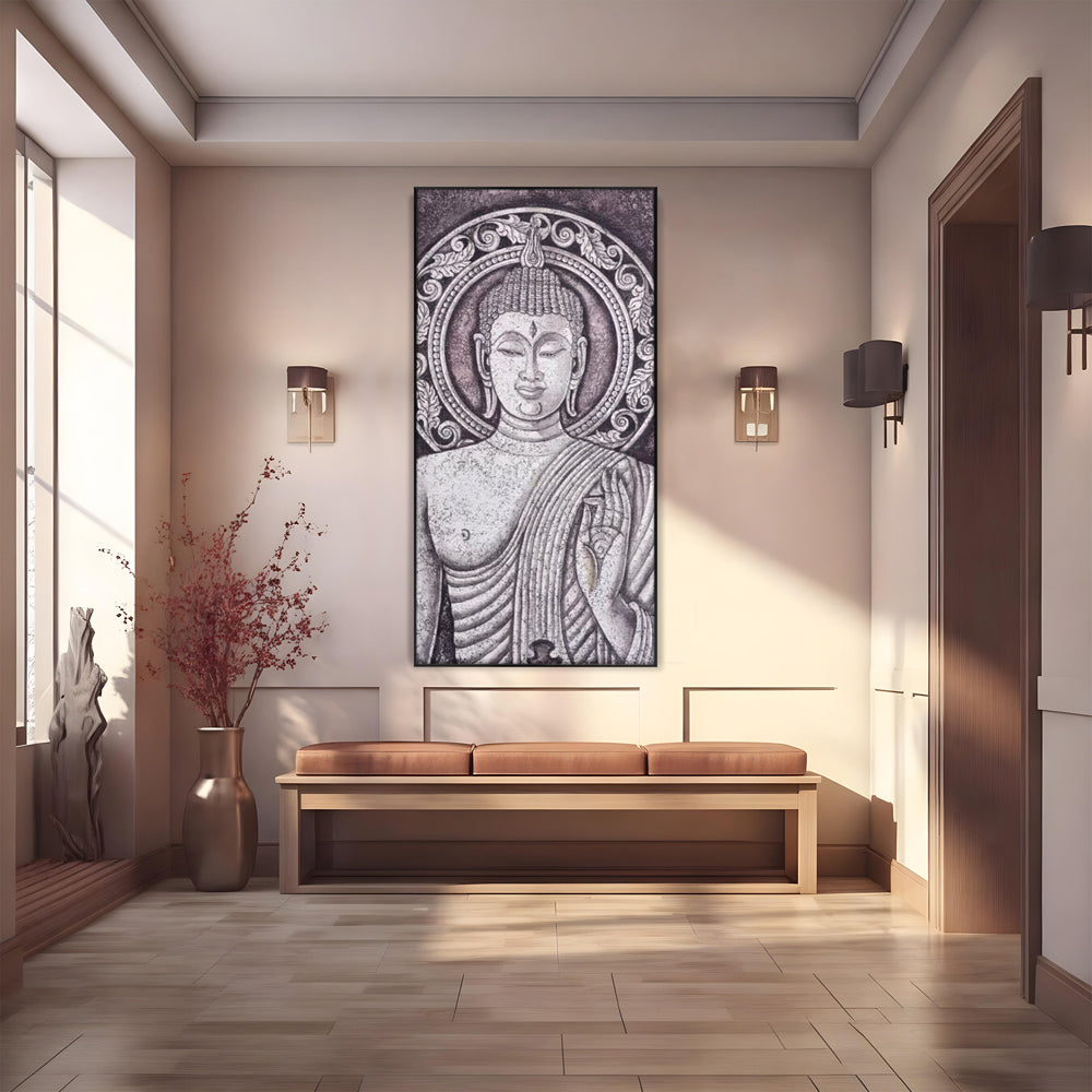 Tablou canvas cu tablou canvas cu chipul lui buddha, in rama de aluminiu negru